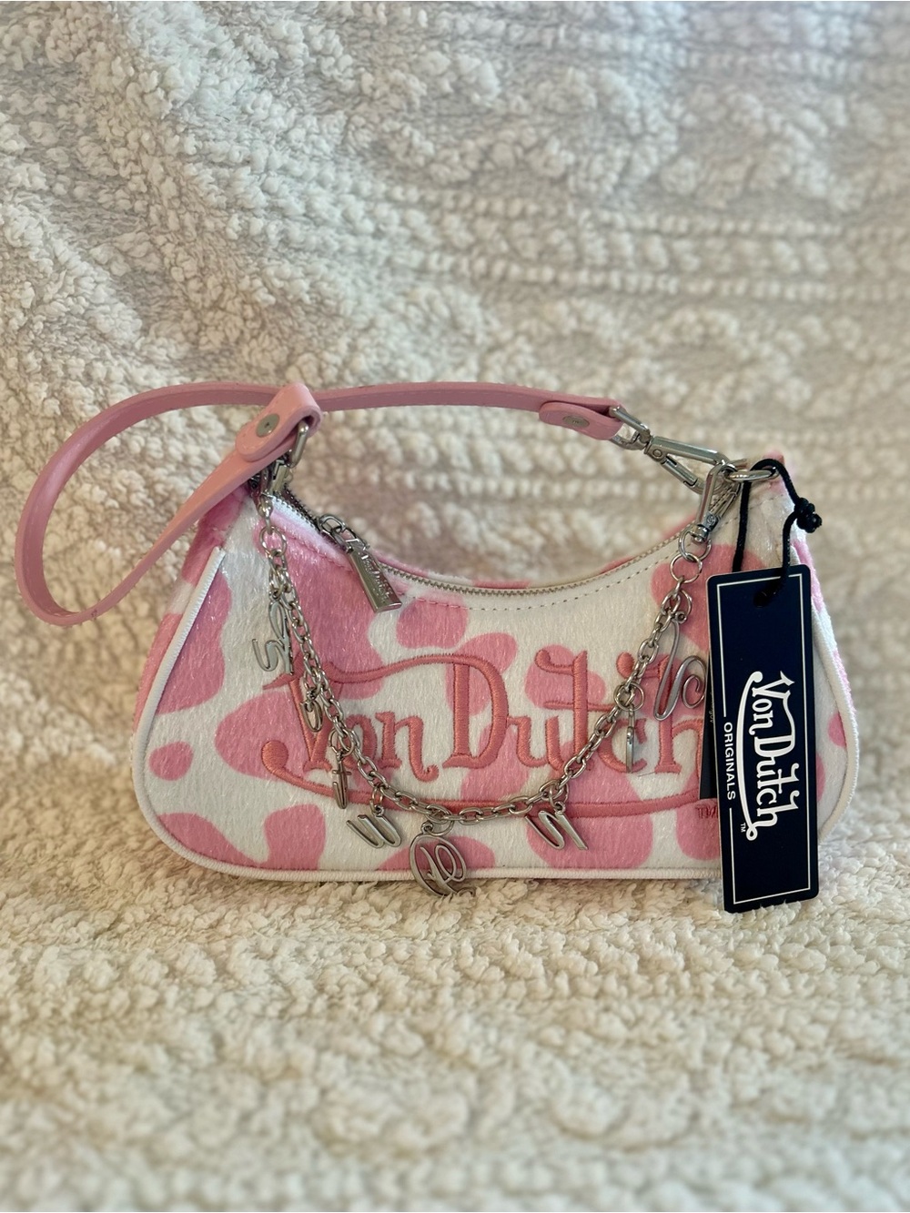 NWT Von Dutch Pink & White Cow Print Jax Small Shoulder Bag Y2K